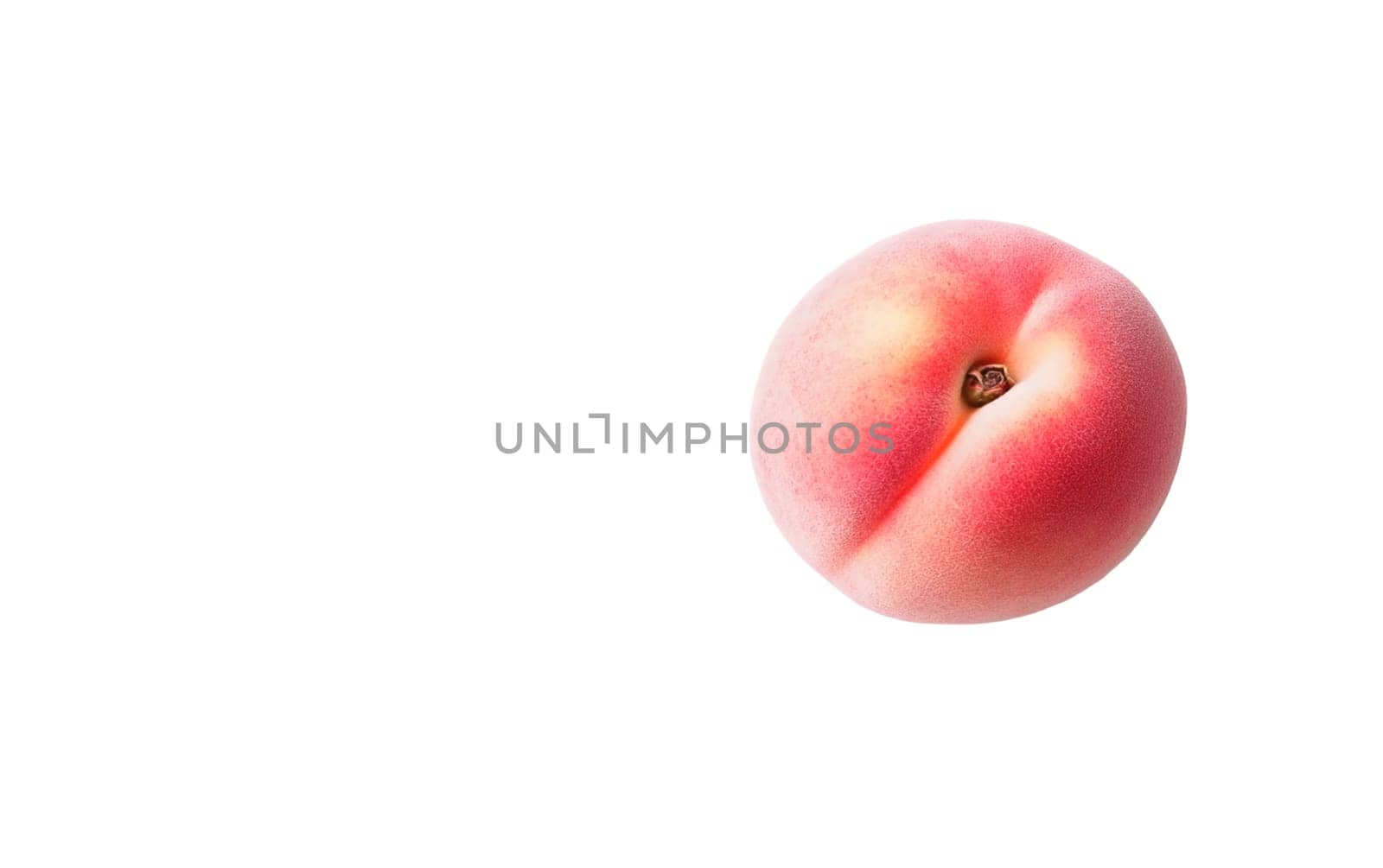 Ripe peach with a fuzzy texture on a white background, offering copy space for text or design. Isolated on white background.