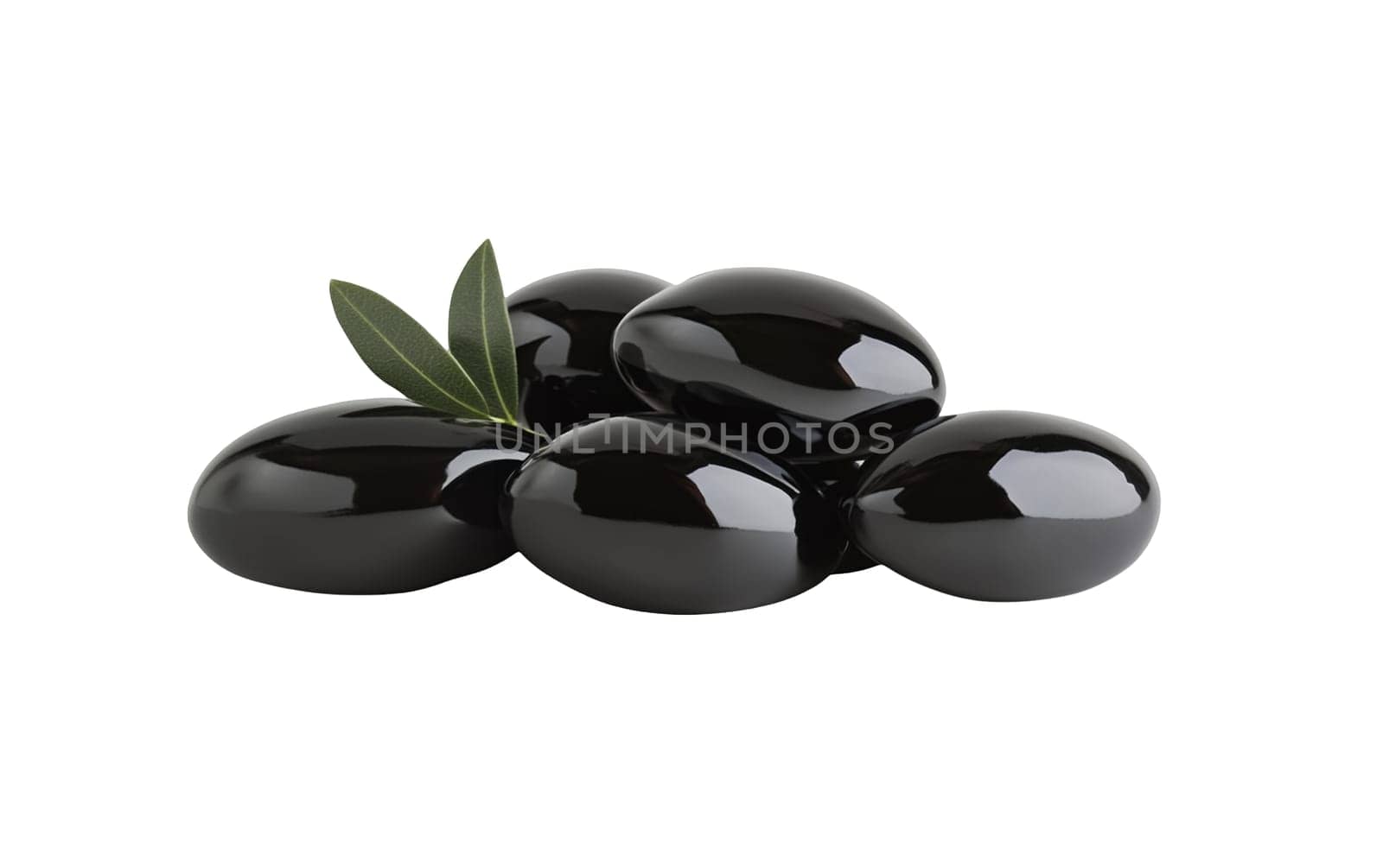 A pile of shiny white olives with a sprig of green leaves, perfect for Mediterranean dishes. Isolated on white background.
