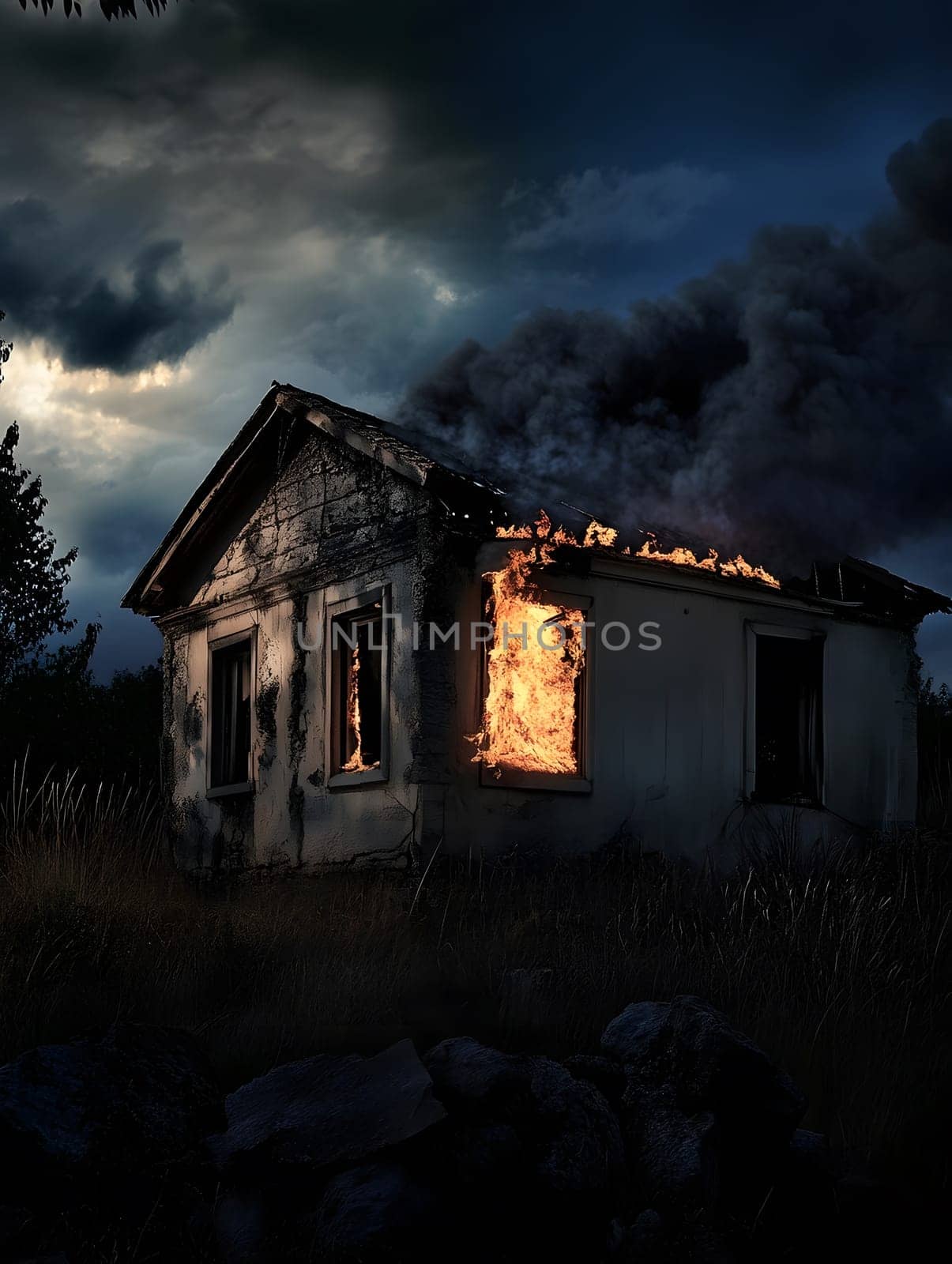 Burning Fire House Burn down Building. Flame Disaster Emergency