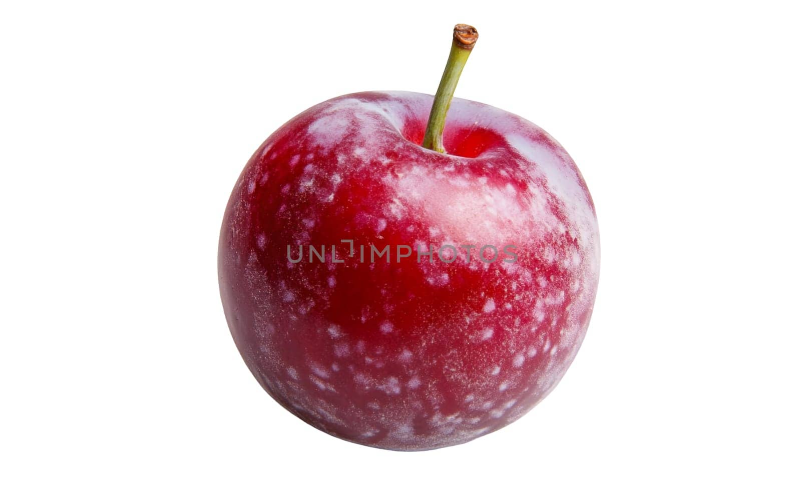 Close up of a fresh red plum with a smooth, glossy surface, highlighting its juicy texture. Isolated on white background.