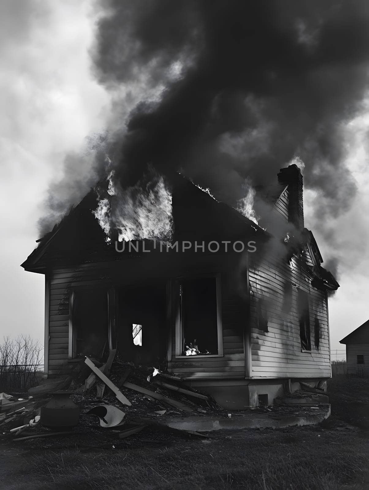 Burning Fire House Burn down Building. Flame Disaster Emergency