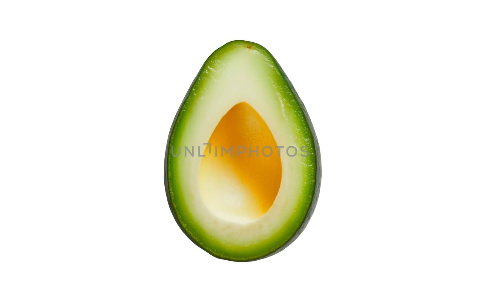 A halved avocado with its seed removed, displaying the creamy texture and vibrant green yellow hues. Isolated on white background.
