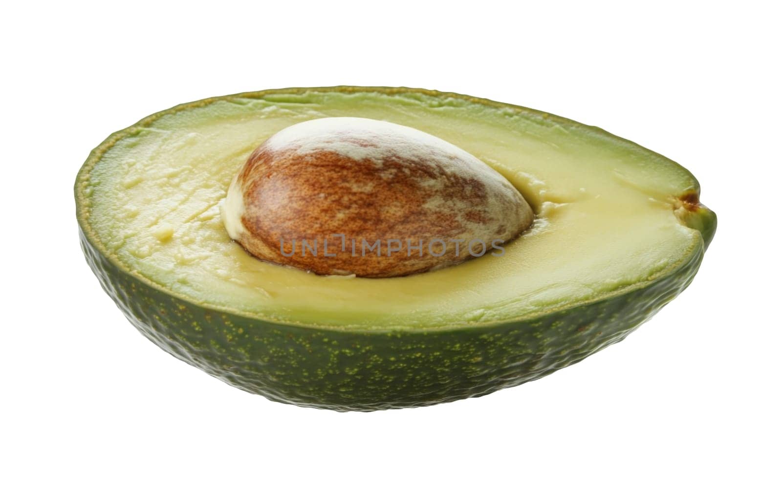 A fresh half of an avocado with the seed intact, showcasing its rich texture and natural beauty. Isolated on white background.