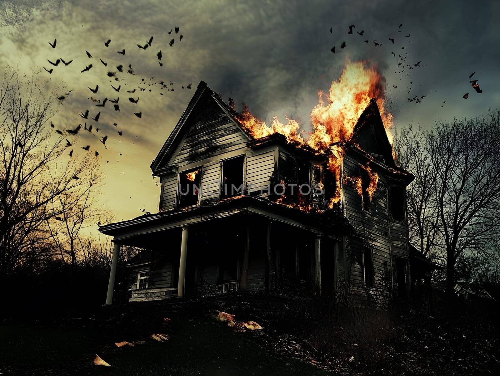 Burning Fire House Burn down Building. Flame Disaster Emergency