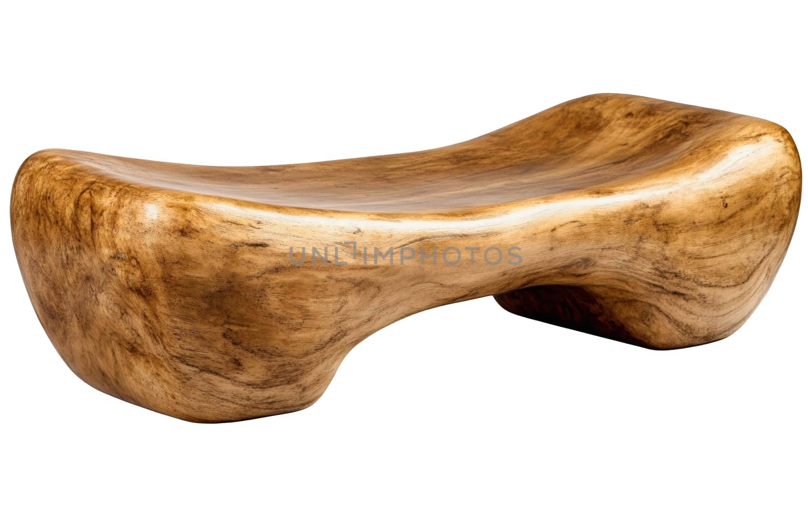 A rustic wooden bench with organic curves, carved from a single piece of wood, on a white background. Isolated on white background.