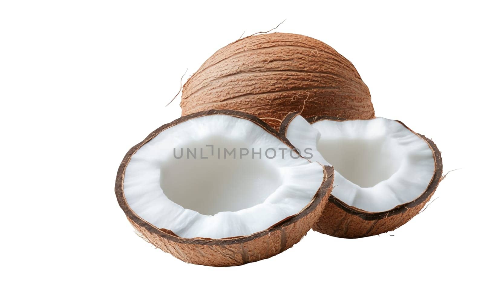 Fresh coconuts split in half reveal creamy white flesh, ideal for tropical food and drink themes. Isolated on white background.