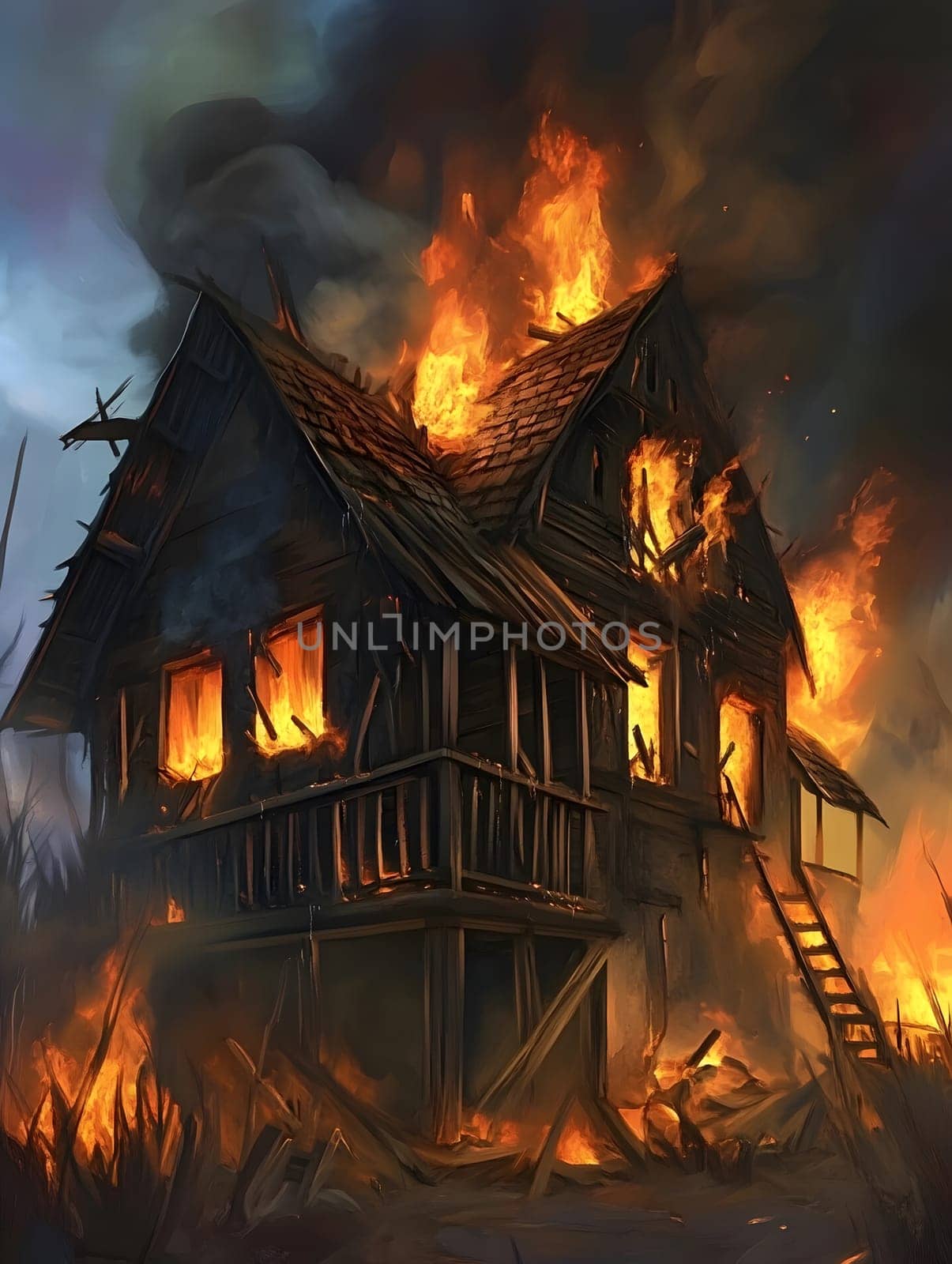 Burning Fire House Burn down Building. Flame Disaster Emergency