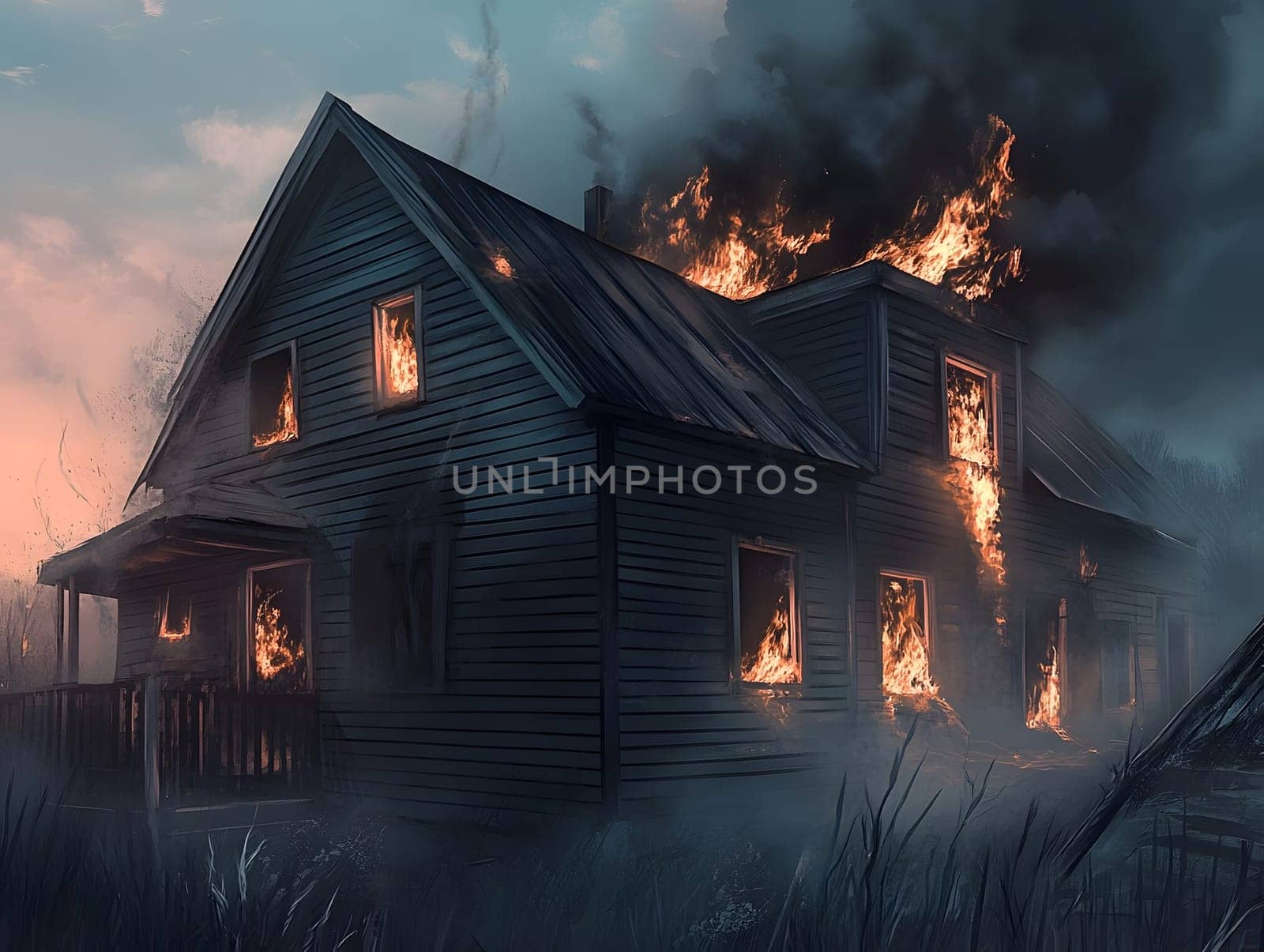 Burning Fire House Burn down Building. Flame Disaster Emergency