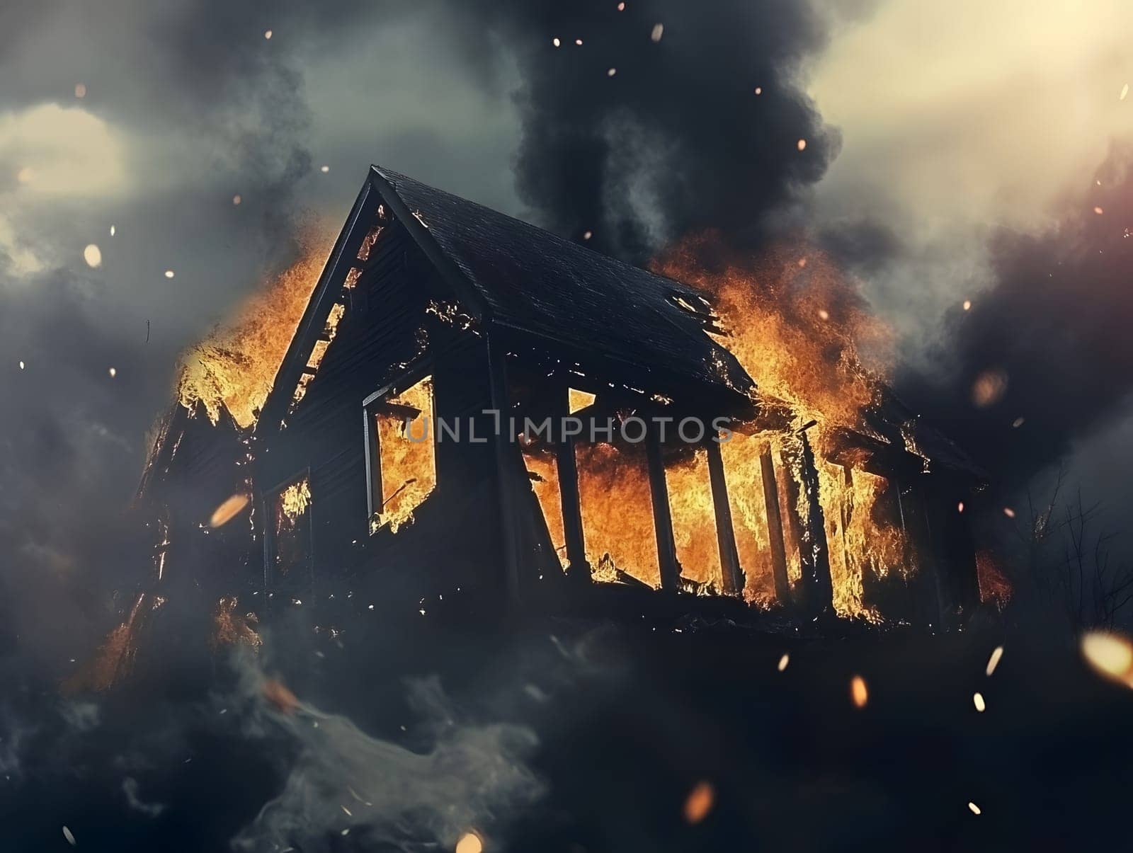 Burning Fire House Burn down Building. Flame Disaster Emergency