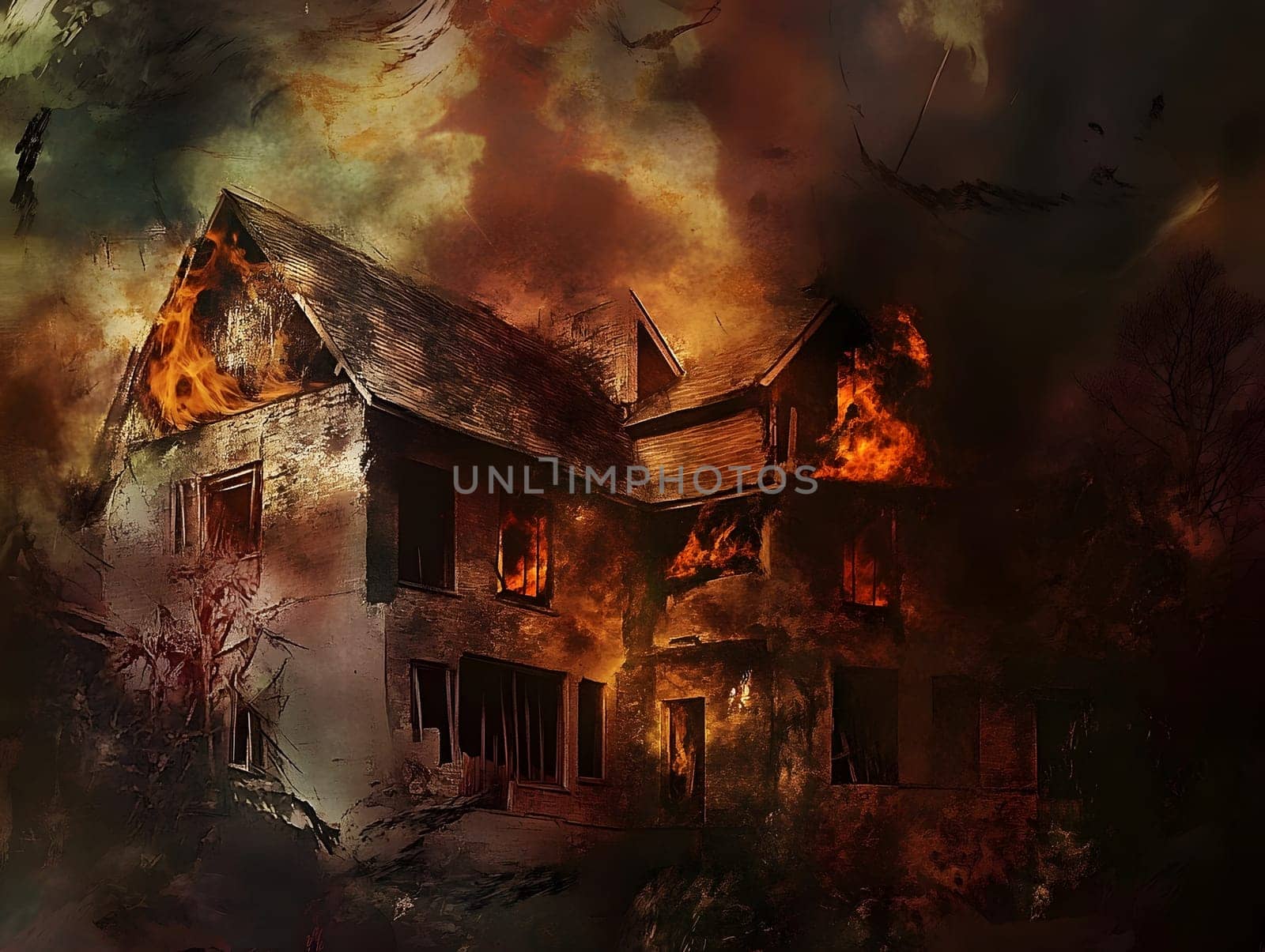 Burning Fire House Burn down Building. Flame Disaster Emergency