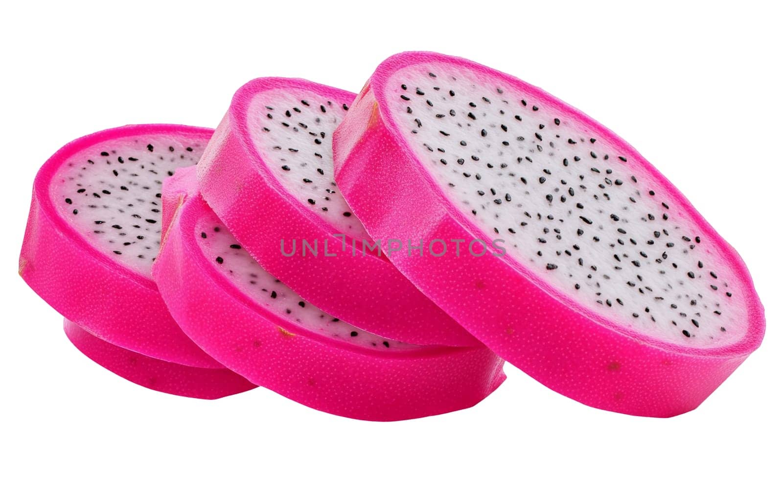 Multiple slices of pink dragon fruit revealing their distinct white interior dotted with seeds. Isolated on white background.