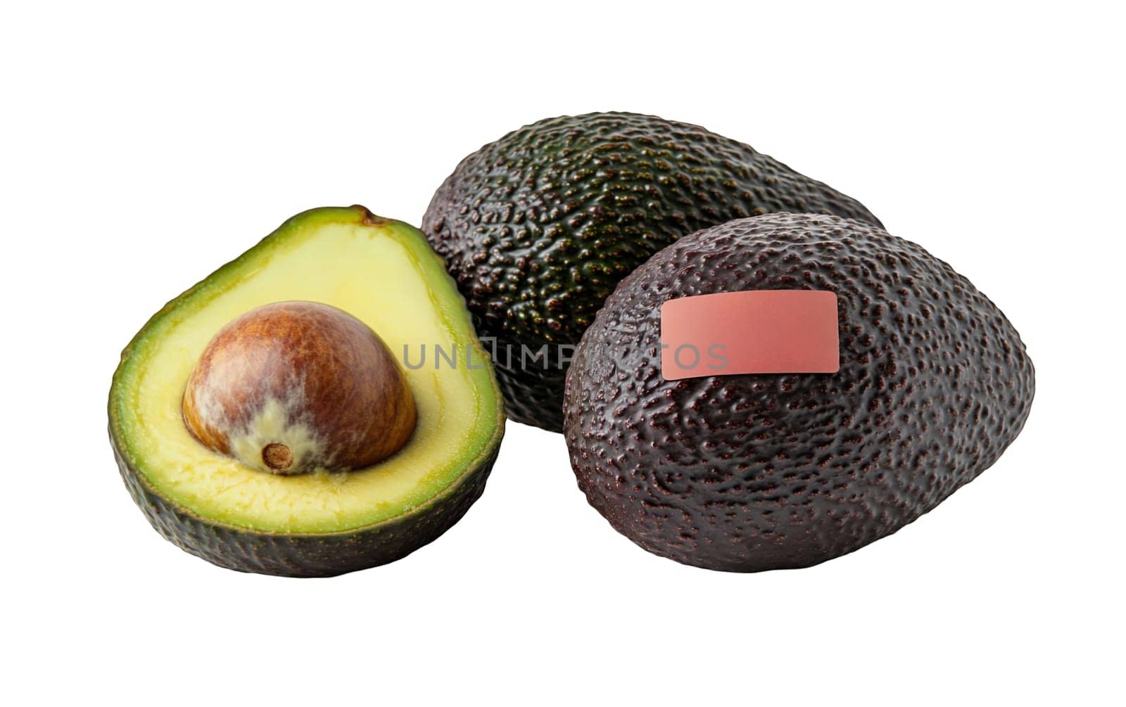 Ripe avocados with one cut in half, displaying the seed and creamy texture against a white background. Isolated on white background.