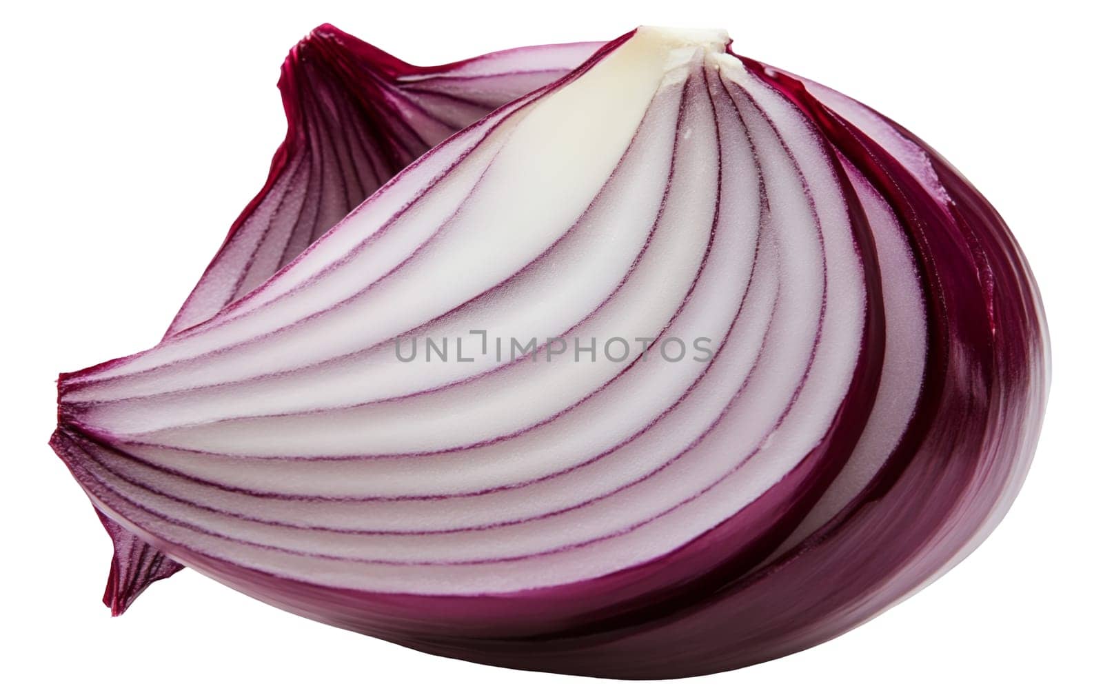 A quarter section of a red onion highlighting its layered structure and rich purple hues. Isolated on white background.