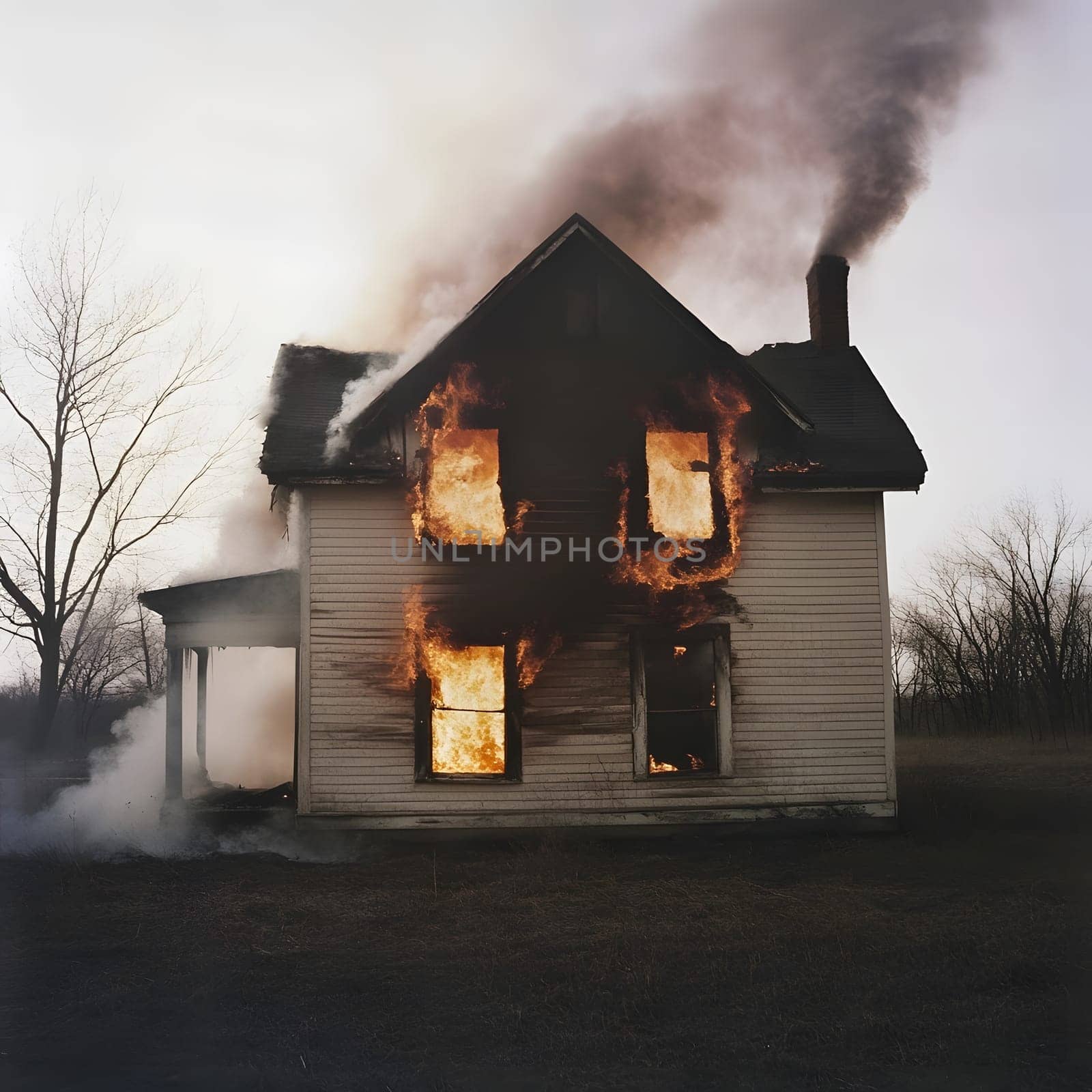 Burning Fire House Burn down Building. Flame Disaster Emergency