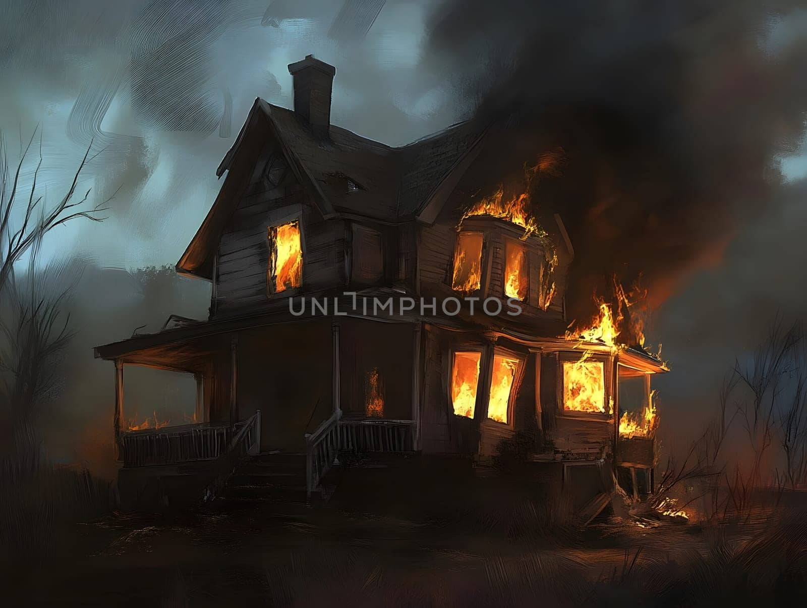 Burning Fire House Burn down Building. Flame Disaster Emergency