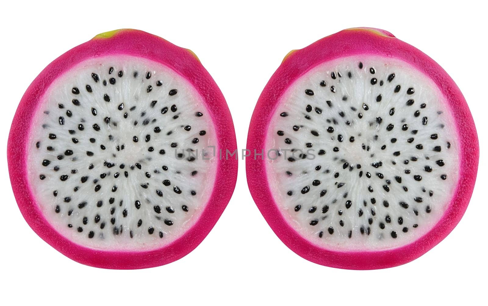 Two dragon fruit halves side by side, highlighting their vibrant color and seed speckled flesh. Isolated on white background.