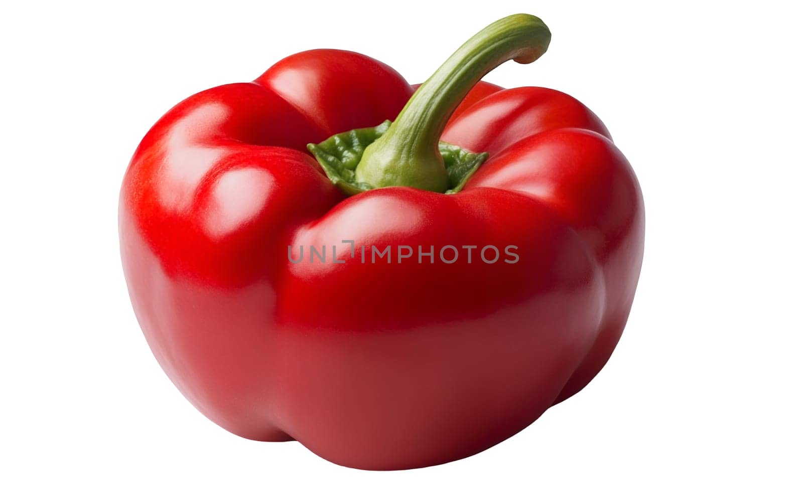 Glossy red bell pepper isolated on a white background, highlighting its smooth surface and vibrant color. Isolated on white background.