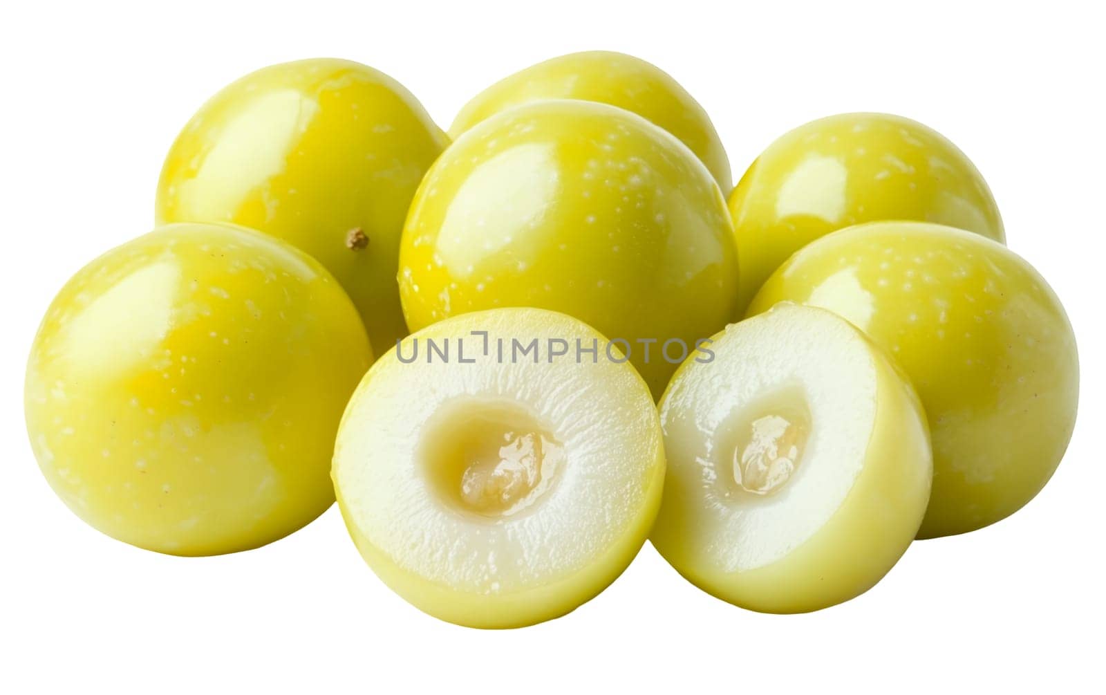 A collection of green gooseberries displayed on a white background, showcasing their tart flavor and freshness with copy space. Isolated on white background.