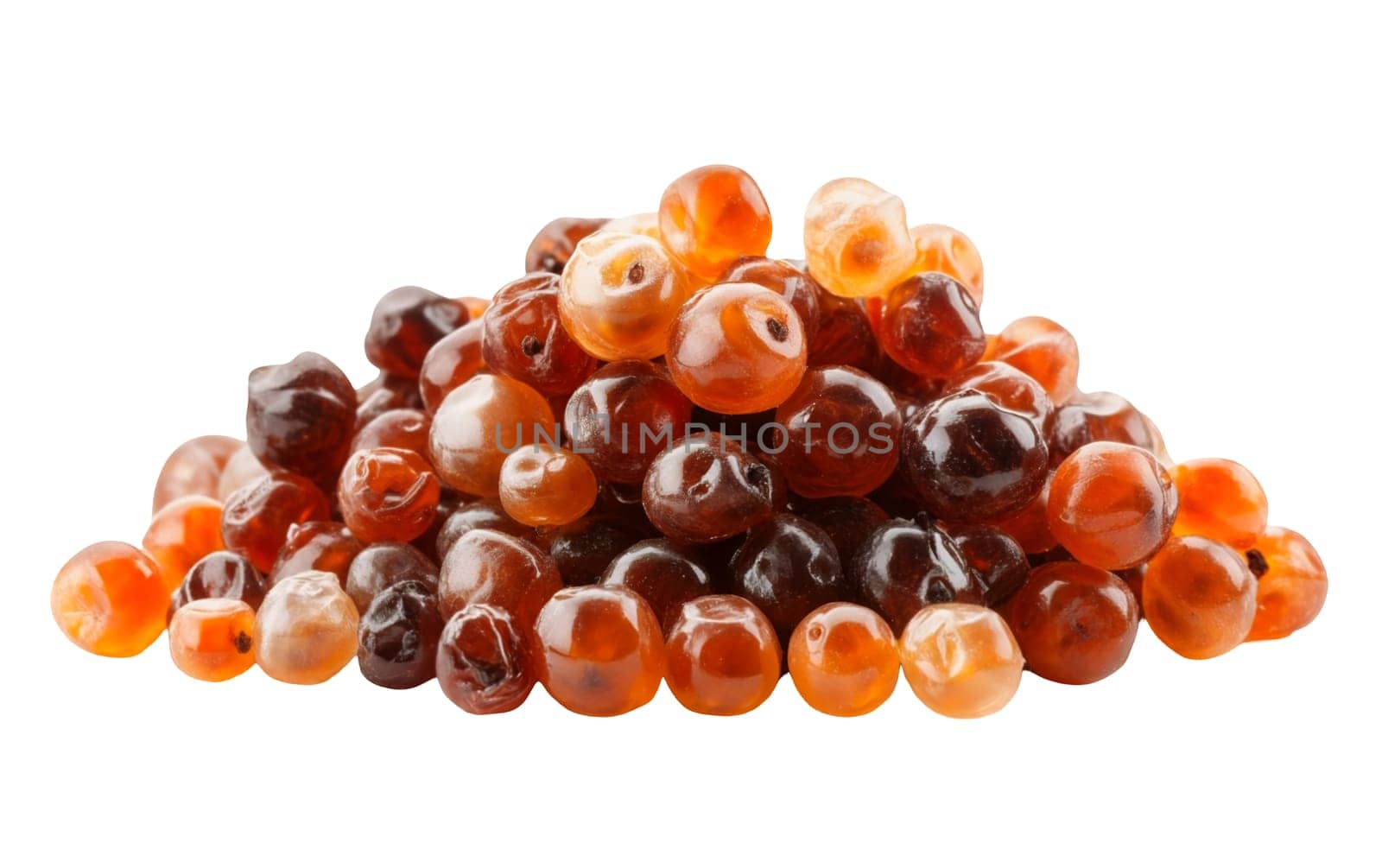 A heap of dried berries in varying shades of brown and orange, highlighting their rich colors and preserved textures. Isolated on white background.