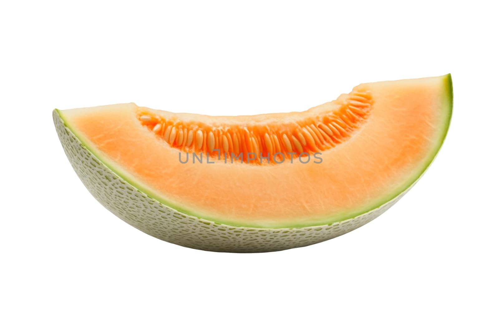 A cantaloupe wedge with seeds, showcasing its juicy and refreshing nature. Isolated on white background.