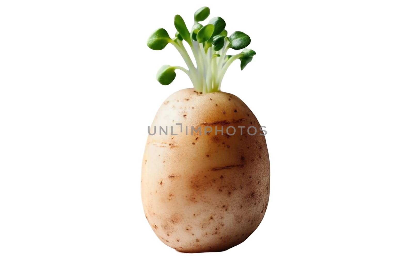 A sprouting potato with emerging green shoots, representing new growth and vitality. Isolated on white background.