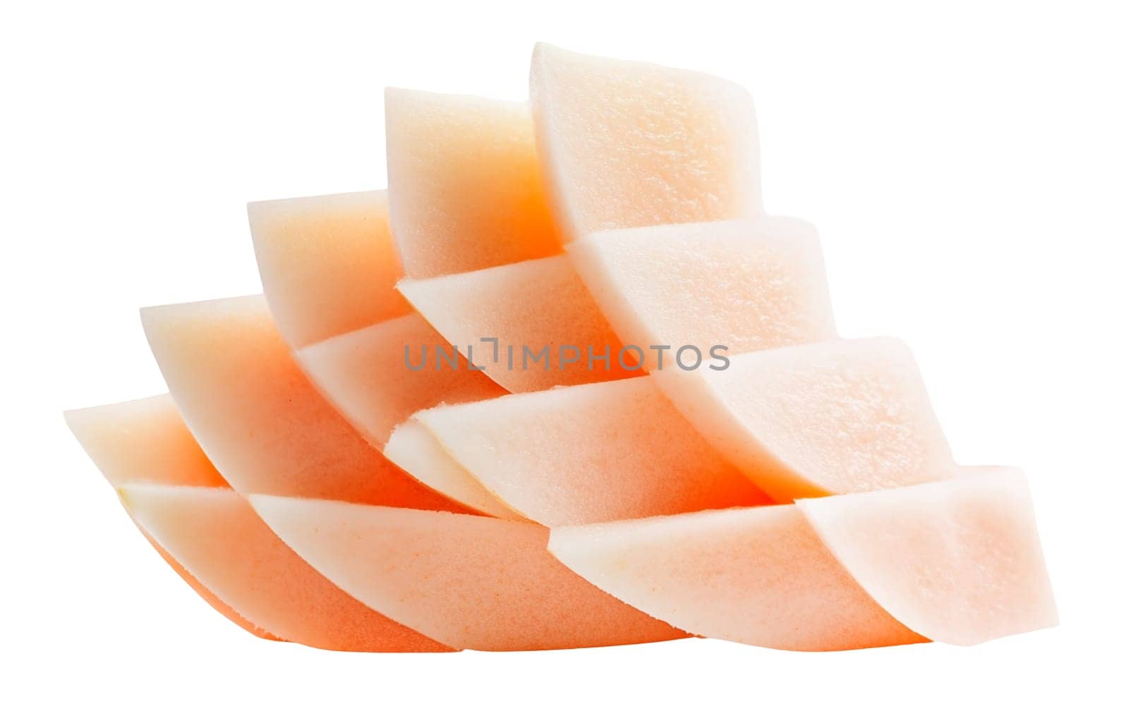 A stack of neatly sliced melon pieces, showing the soft orange hue and smooth texture. Isolated on white background.