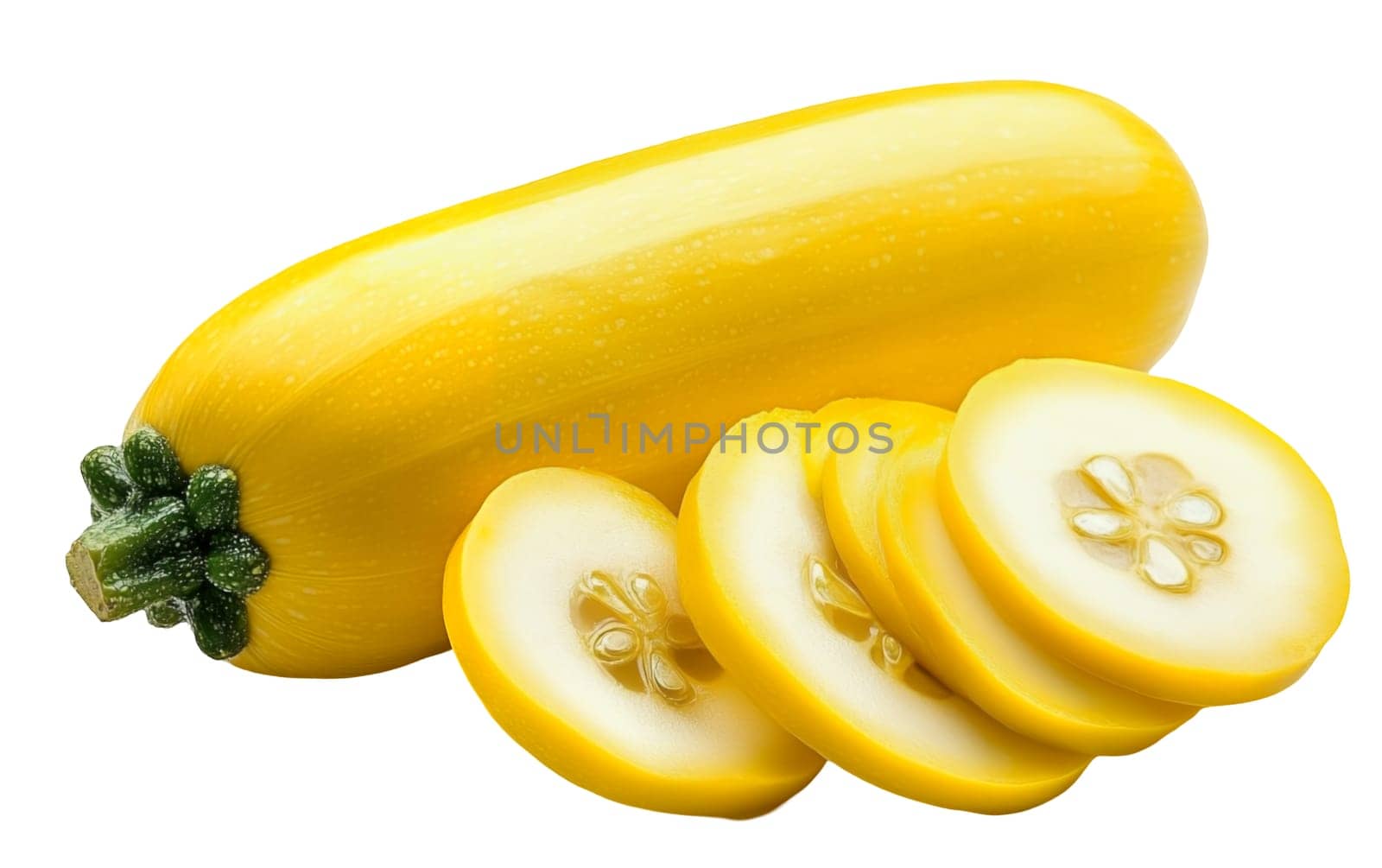 Whole yellow zucchini with slices, showcasing the bright color and fresh texture. Isolated on white background.