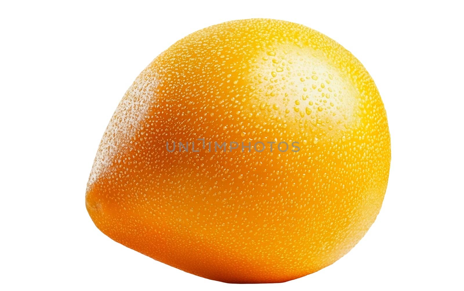 A vibrant yellow mango with dewdrops, highlighting its freshness and tropical appeal. Isolated on white background.