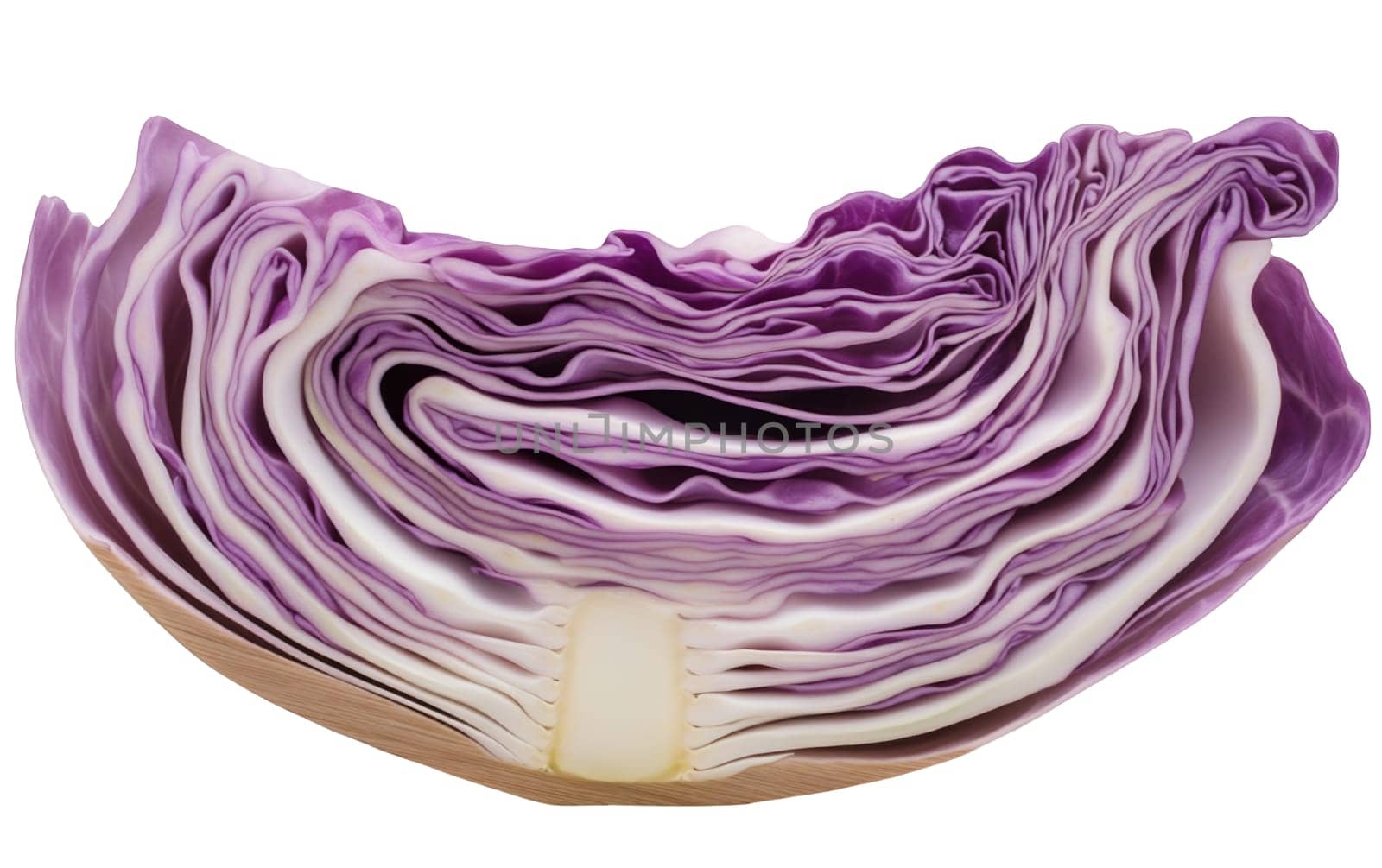 Intricate layers of a red cabbage slice reveal a vibrant pattern, perfect for healthy eating concepts. Isolated on white background.