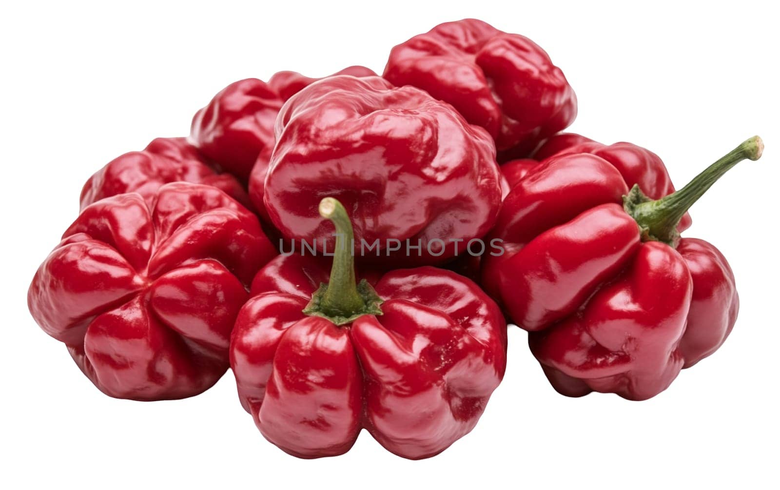 A group of shiny red peppers, showcasing their vibrant color and freshness. Isolated on white background.