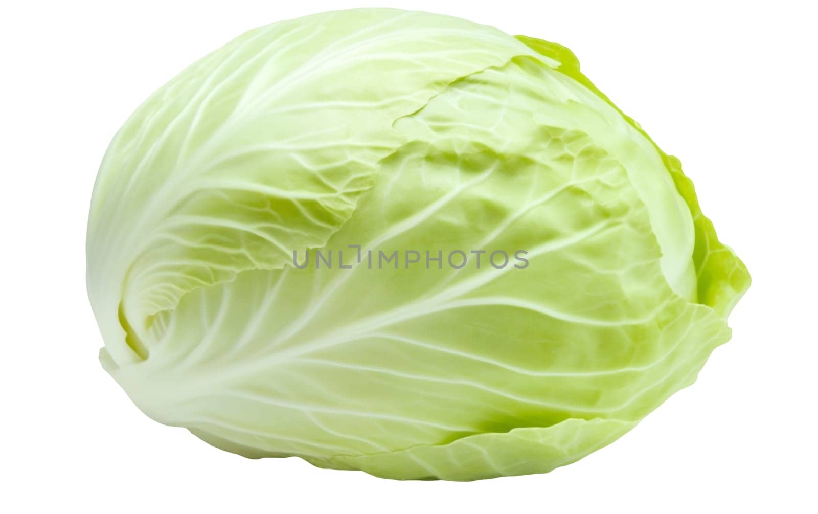A whole green cabbage with smooth, layered leaves and fresh appearance. Isolated on white background.