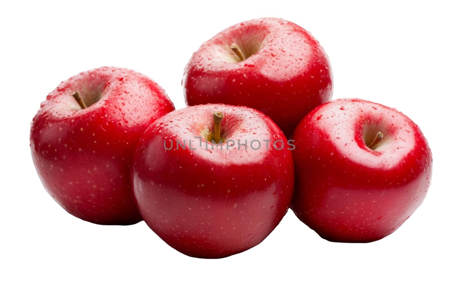A group of shiny red apples with water droplets, emphasizing freshness and natural appeal. Isolated on white background.