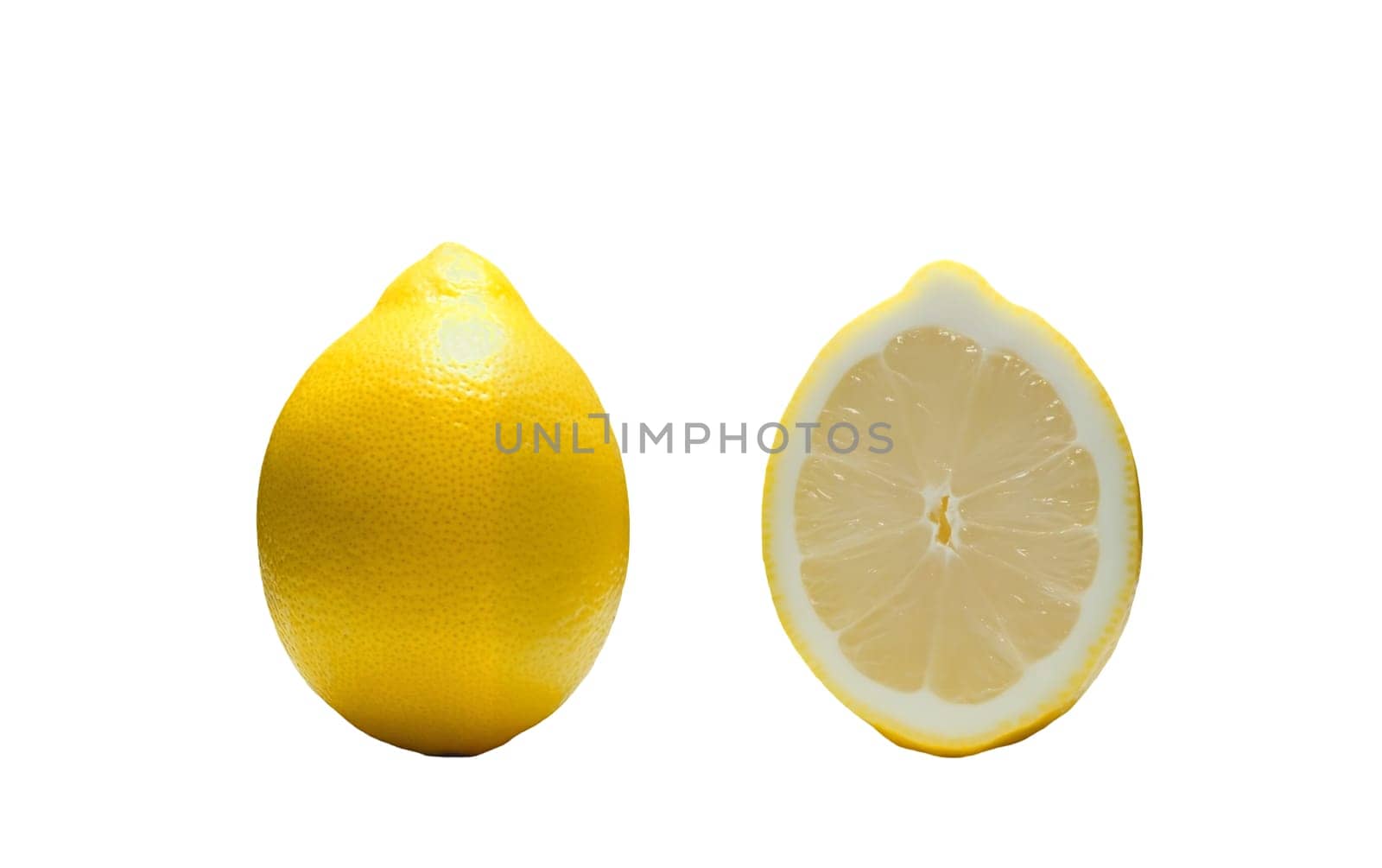 A whole lemon next to a halved lemon, showcasing the bright yellow peel and juicy interior. Isolated on white background.