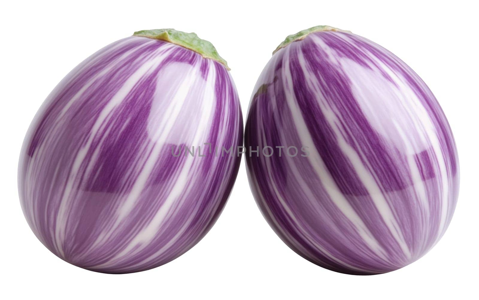 Glossy purple eggplants with a striking striped pattern, perfect for culinary use. Isolated on white background.