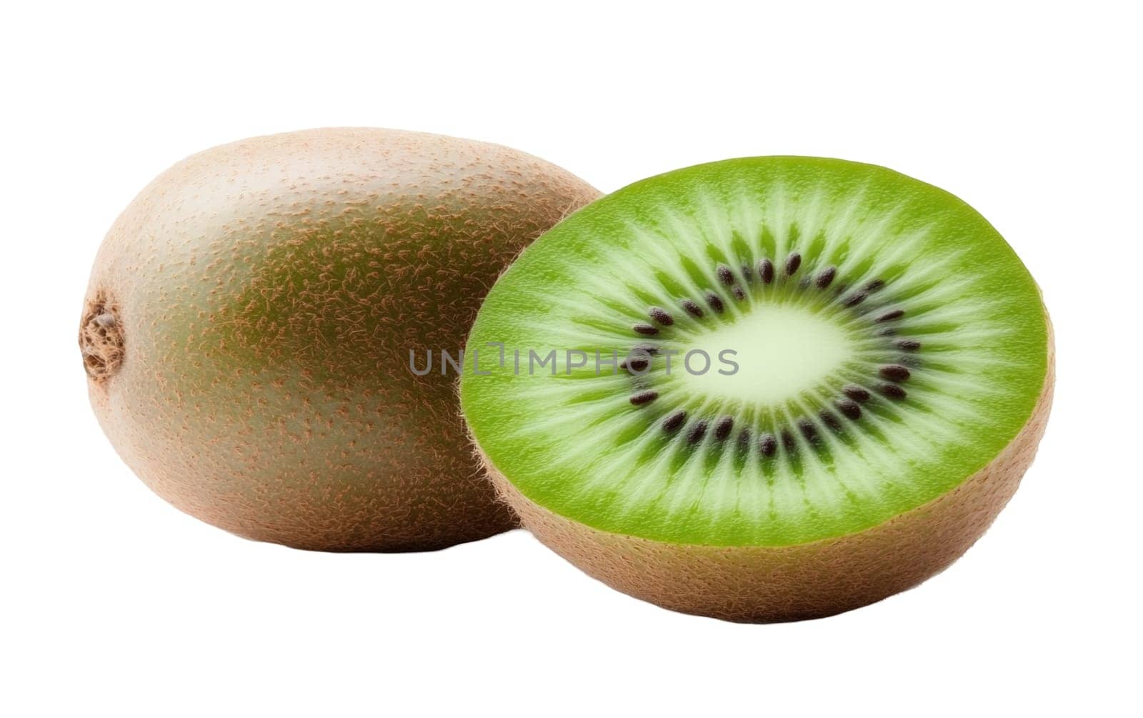 A fresh kiwi fruit with a sliced half, highlighting its lush green interior and tiny seeds. Isolated on white background.