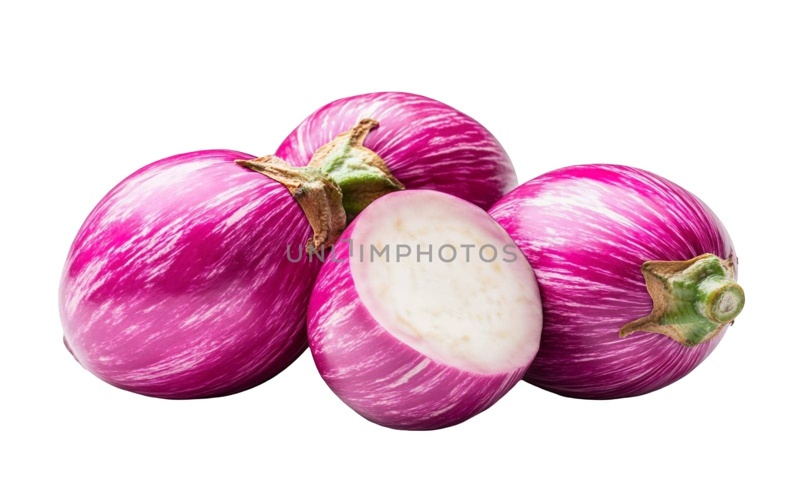 Fresh pink eggplants with a sliced half, revealing their tender, creamy interior. Isolated on white background.