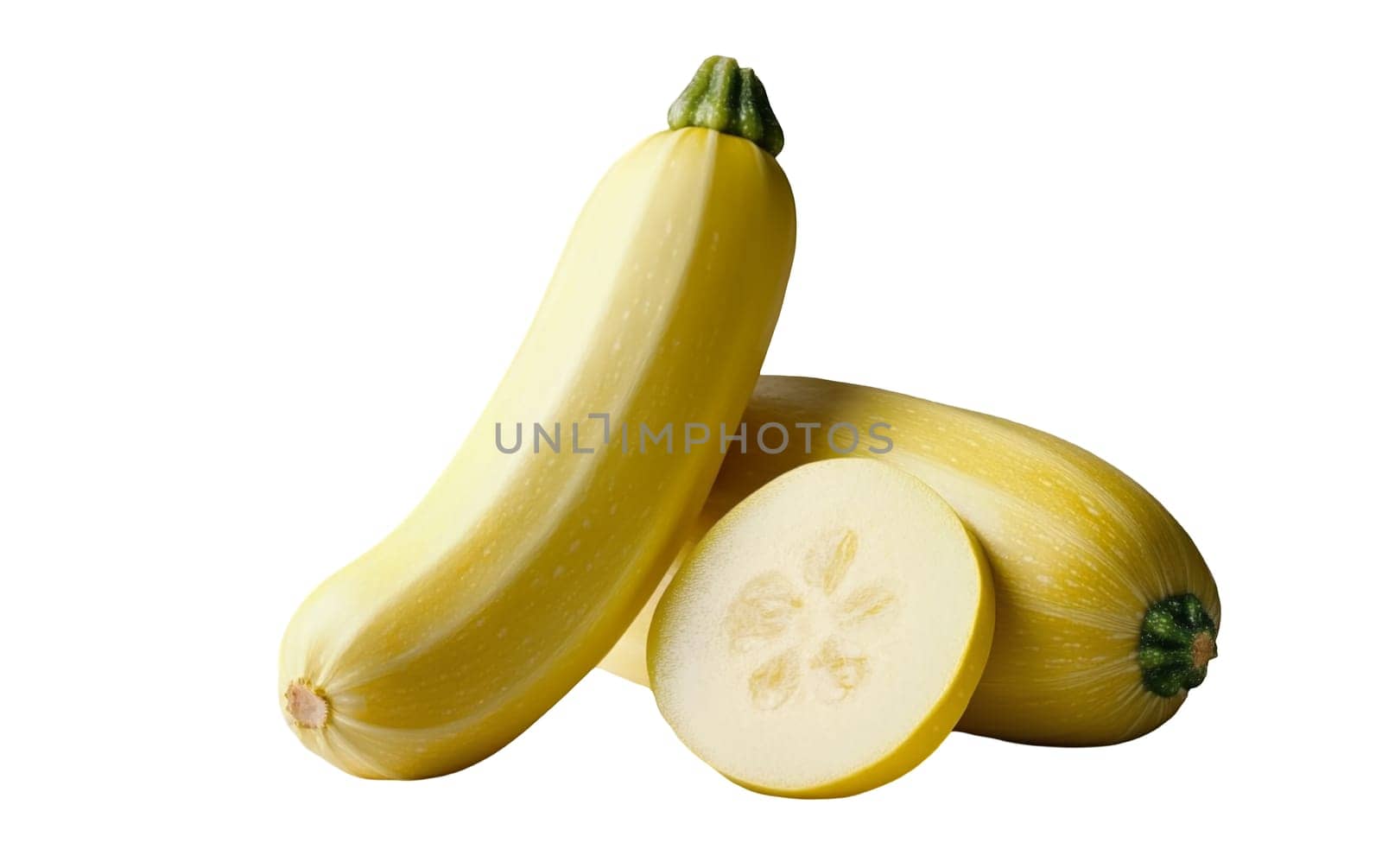 Vibrant yellow squash with a sliced section, showcasing its fresh texture and seeds on a white background. Isolated on white background.