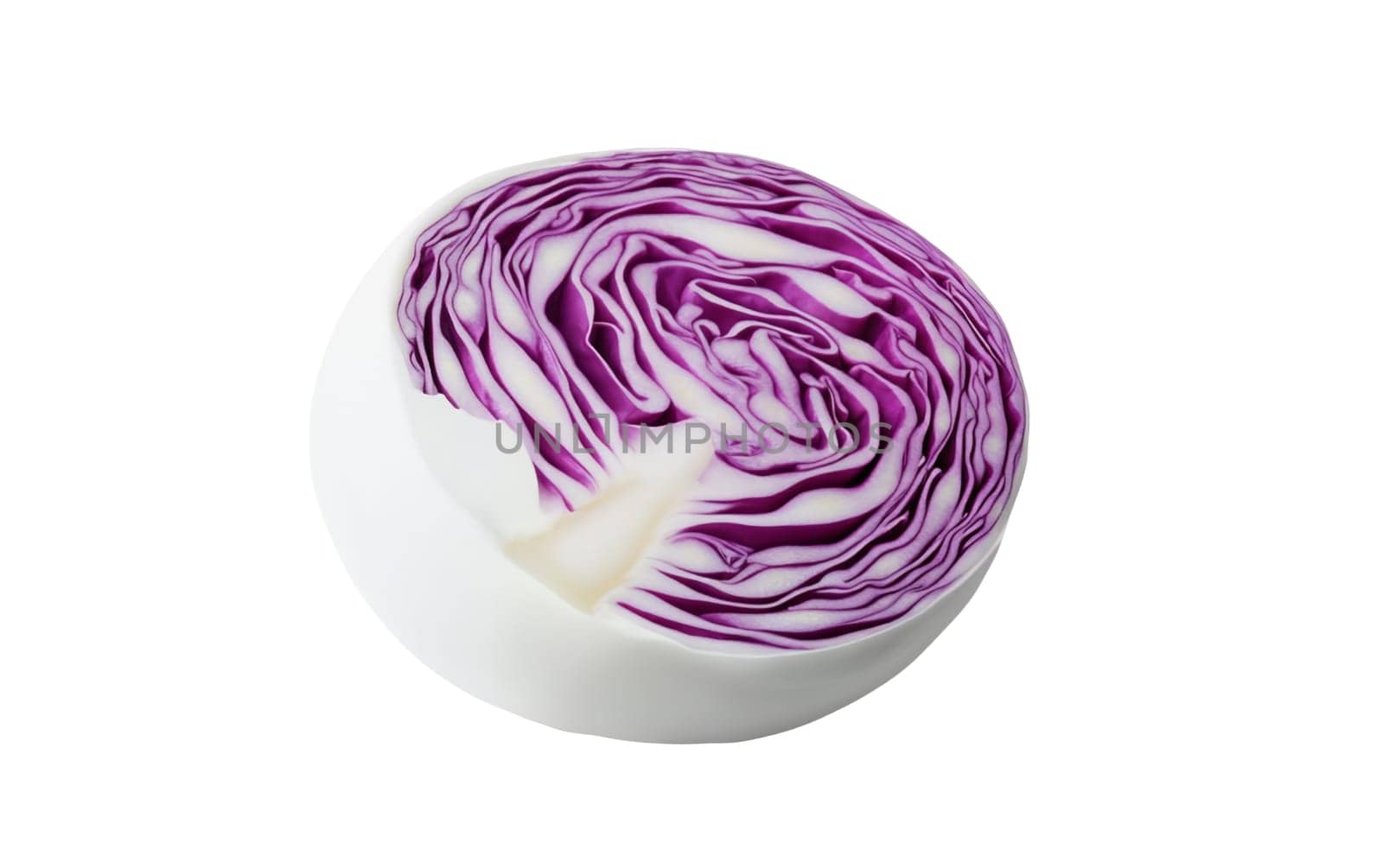 A half cut red cabbage showcasing its intricate layers and vibrant purple hue against a white background. Isolated on white background.