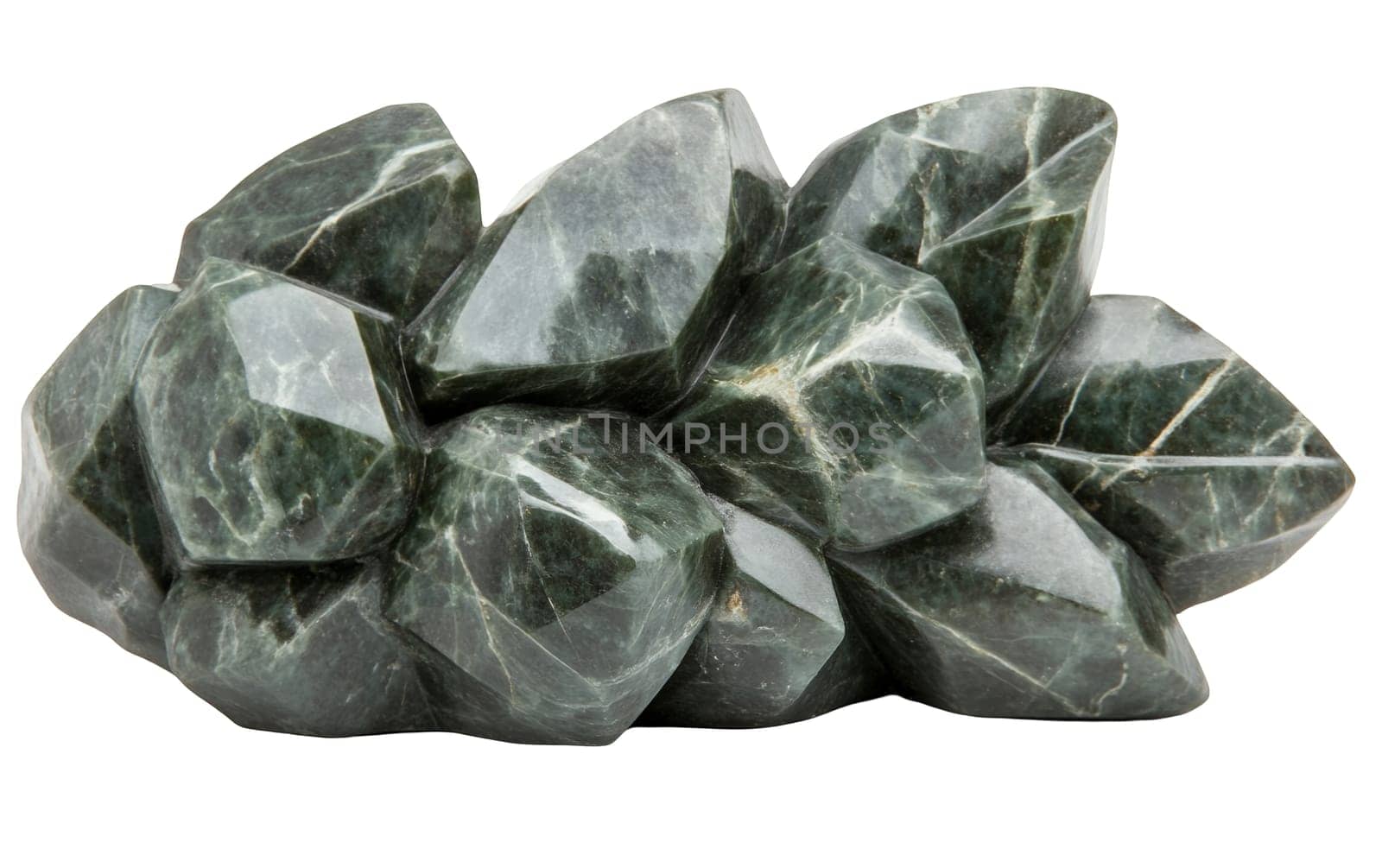 Cluster of polished green marble stones showcasing their natural beauty and texture. Isolated on white background.