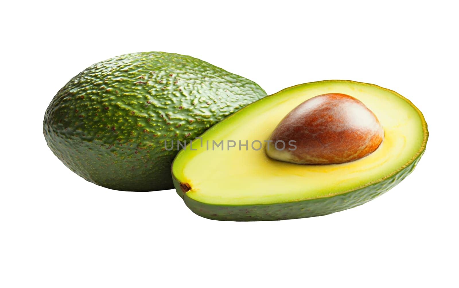 Two avocados, one halved to reveal the creamy interior and seed, set on a white background. Isolated on white background.