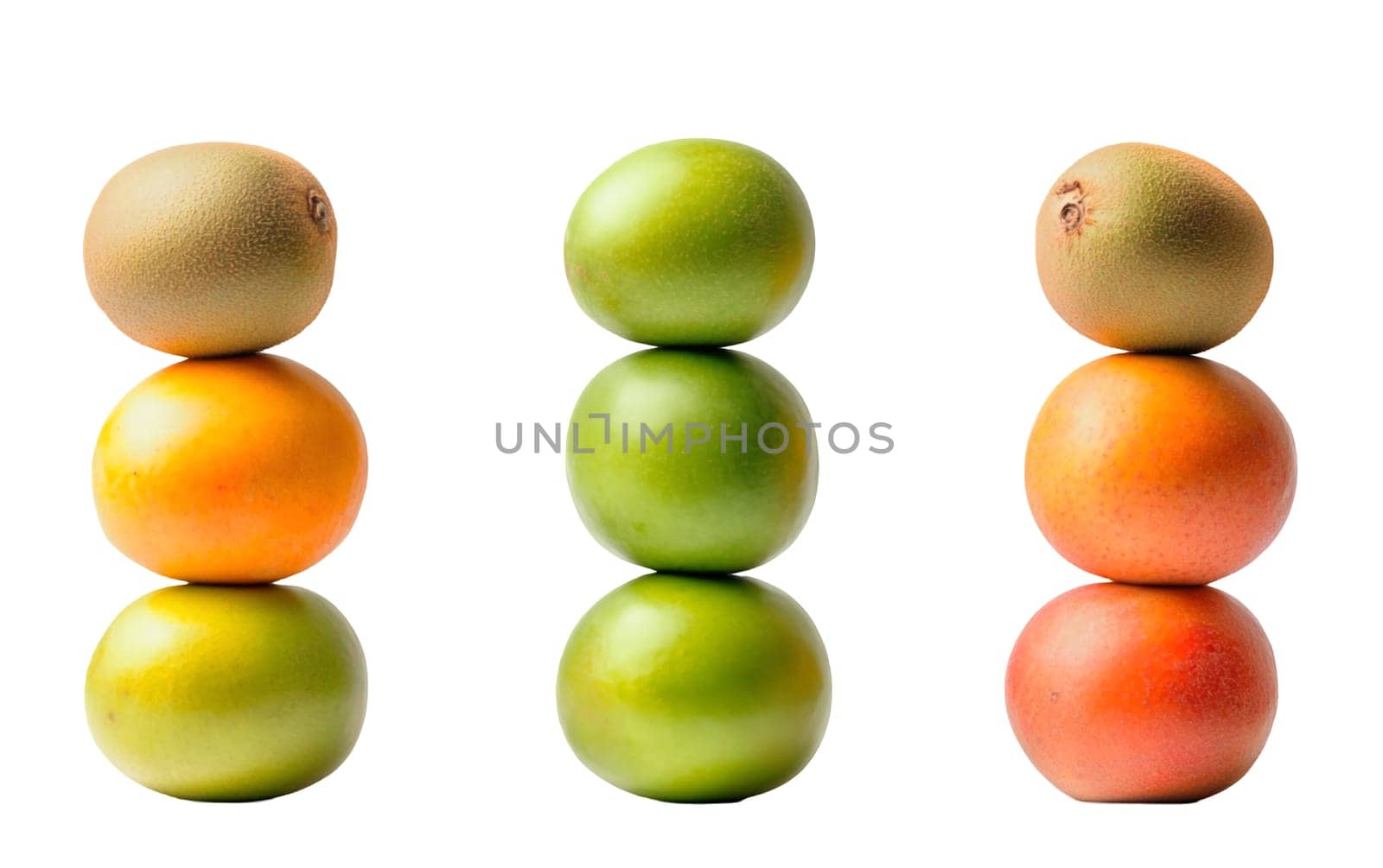 Three stacks of fruits including kiwis and apples, creating a symmetrical reflection on a shiny surface. Isolated on white background.
