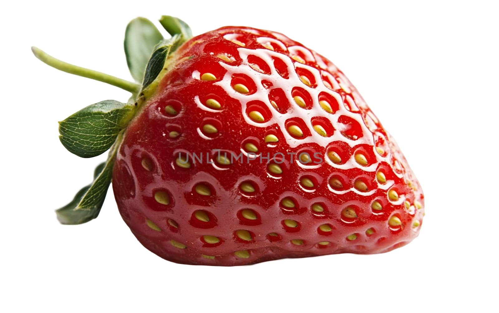 A glossy red strawberry with rich color and green leaves, isolated on a white background. Isolated on white background.