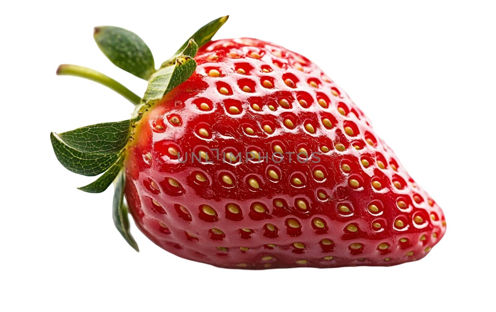 A strawberry with vibrant red color and fresh green leaves, isolated on a white background. Isolated on white background.