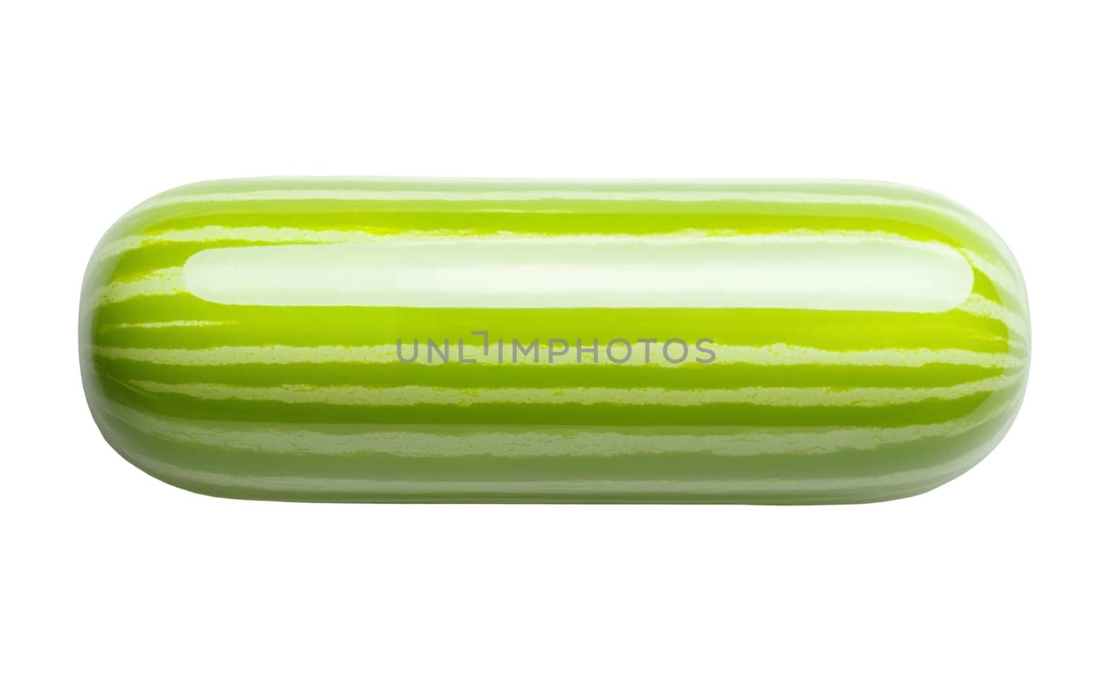 A unique glossy green capsule shaped object with stripes, perfect for abstract or creative designs. Isolated on white background.