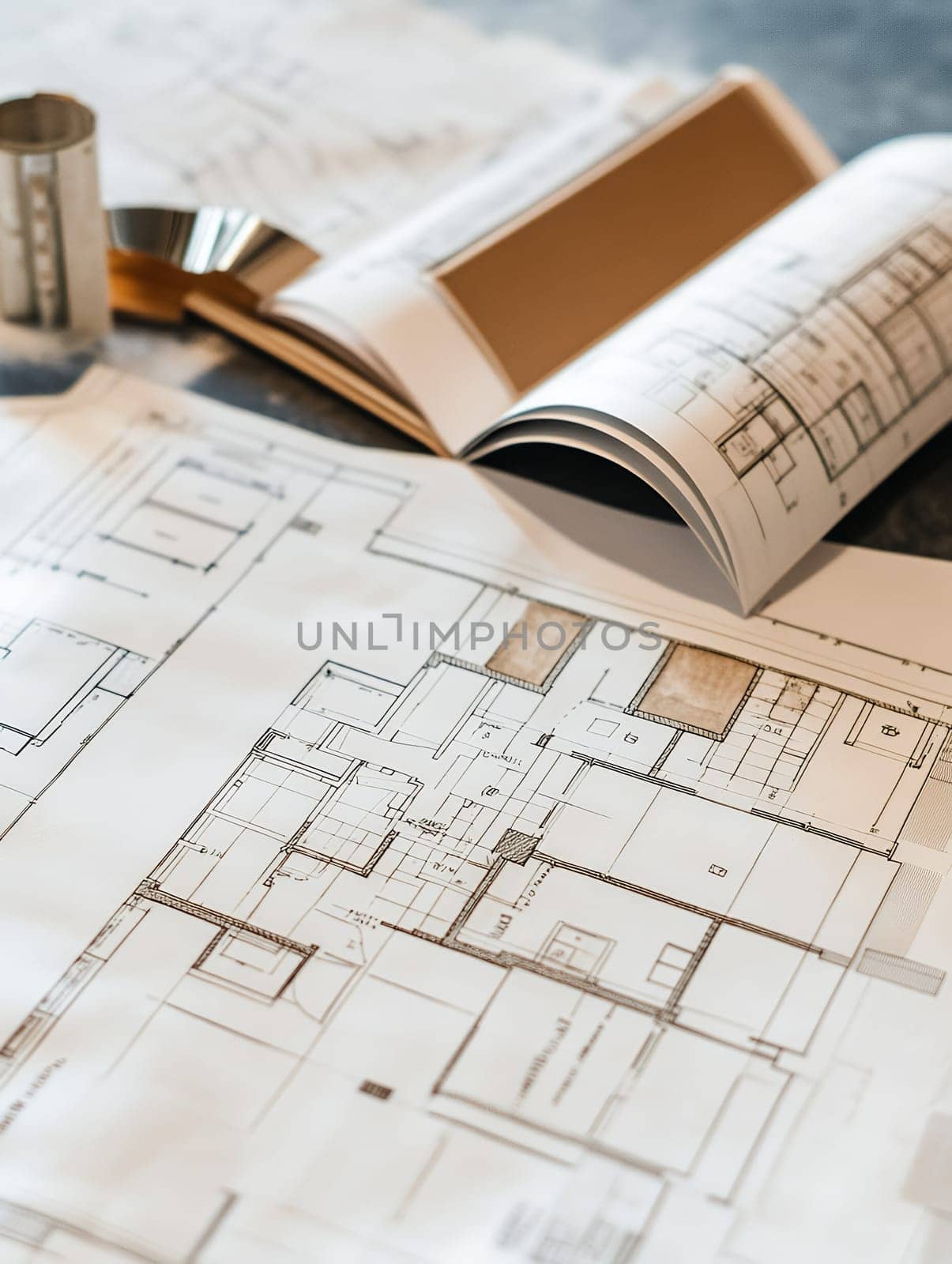 Detailed architectural blueprints with tools on a desk, showcasing the process of planning and design.