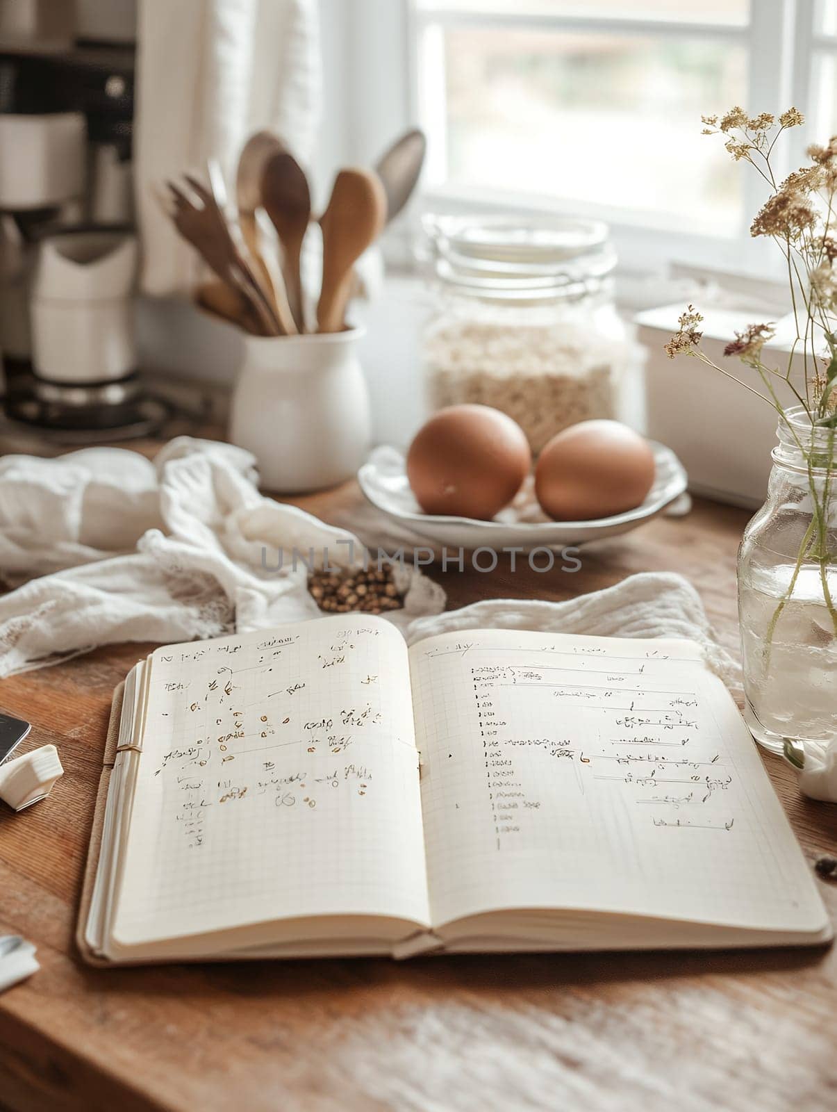 Open notebook with kitchen ingredients and utensils on a rustic table, ideal for recipe planning.
