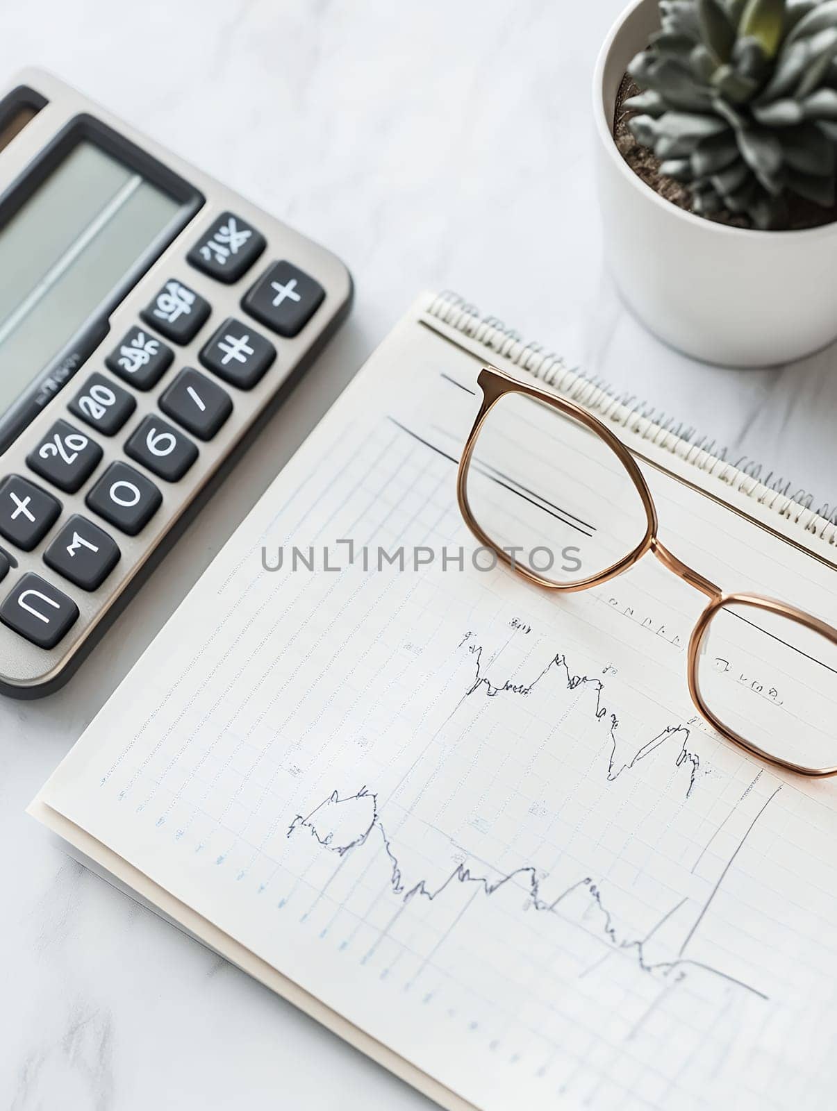 A workspace with a calculator, glasses, and financial graphs, ideal for business and analysis themes.