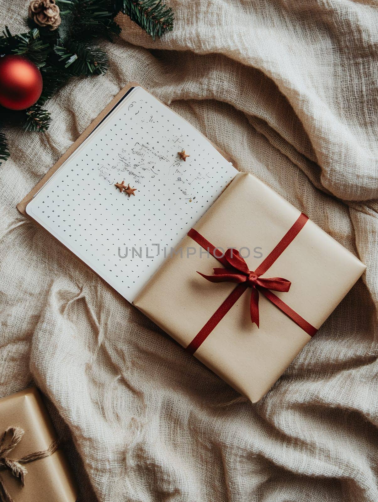 An open notebook with a wrapped gift on a cozy blanket, perfect for holiday planning and gifting.