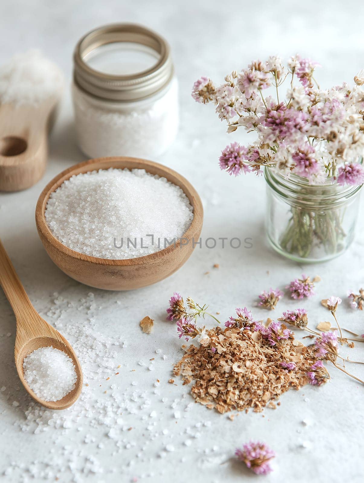 Bath salts in wooden bowls with dried flowers, creating a rustic and calming spa setting.