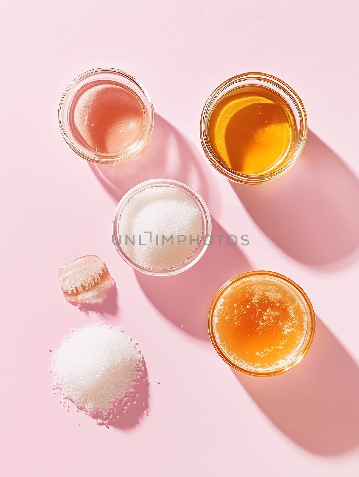 Overhead view of sugar and honey in glass jars on a pink background, highlighting sweet indulgence.